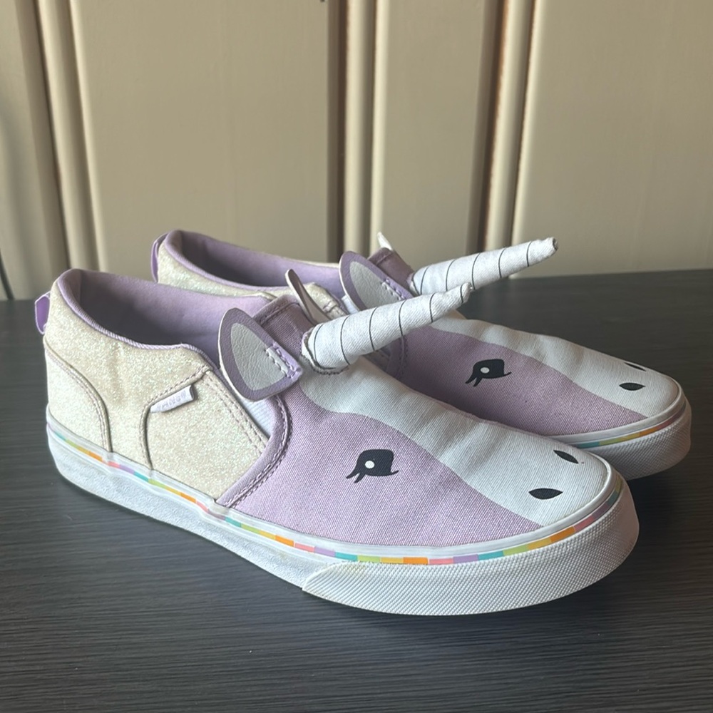 Vans Slip-On Asher Unicorn Shoes Glitter Horn Purple Youth Missy Size 6 EU 38
